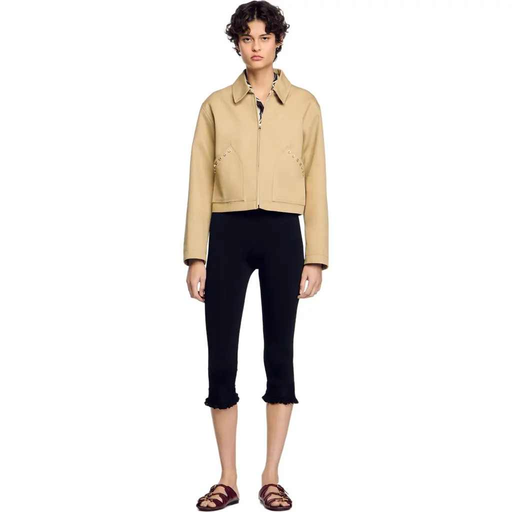 SANDRO Short jacket with rhinestone details in Beige at Nordstrom, Size 42 Eu | Nordstrom