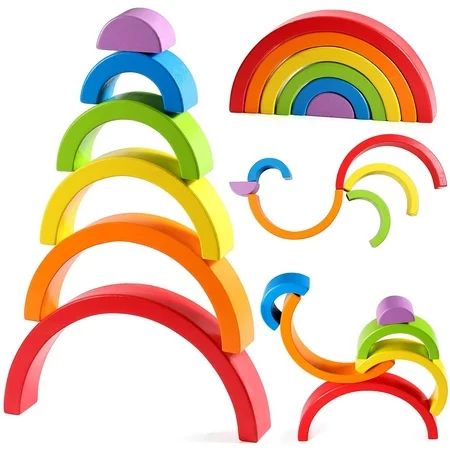 Lewo Wooden Rainbow Stacker Nesting Puzzle Blocks Educational Toys for Kids Baby Toddlers | Walmart (US)