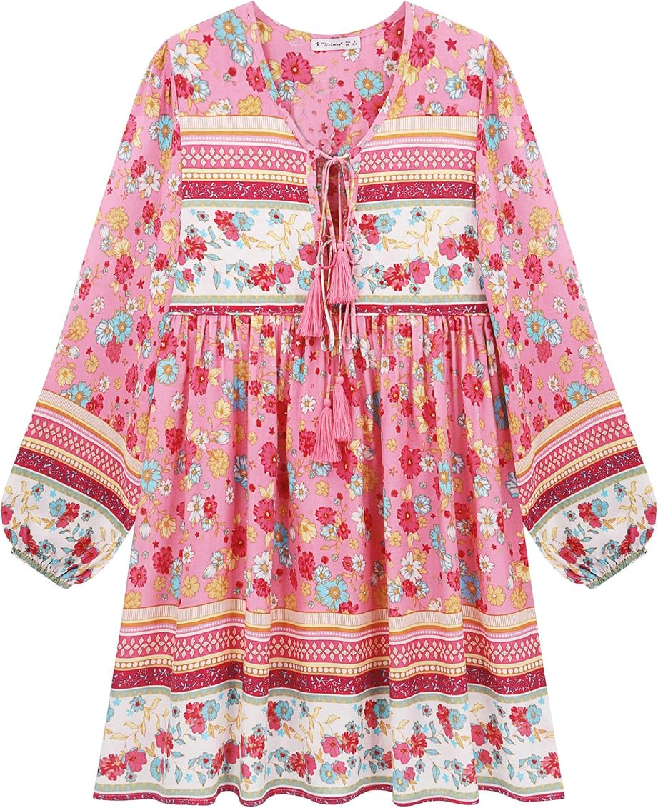 R.Vivimos Womens Long Sleeve Floral Casual Print Cotton Mini Tunic Dress | Amazon (US)