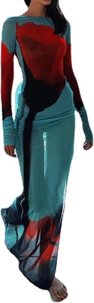 XPONNI Red Maxi Dress Floral Dresses for Women 2024 Mesh Long Sleeve Top Y2k Dress See Through Dr... | Amazon (US)