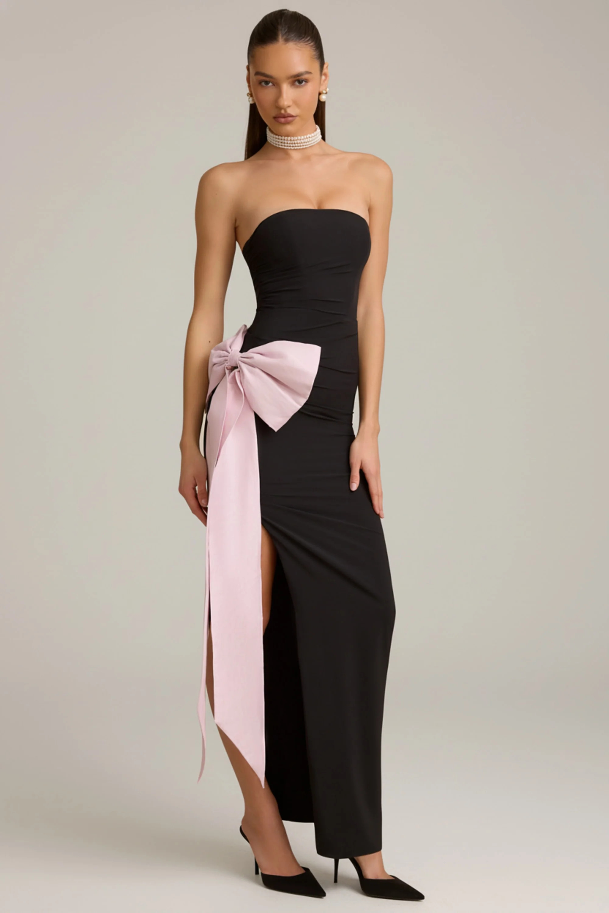 Strapless Bow-Detail Maxi Dress in Black | Oh Polly