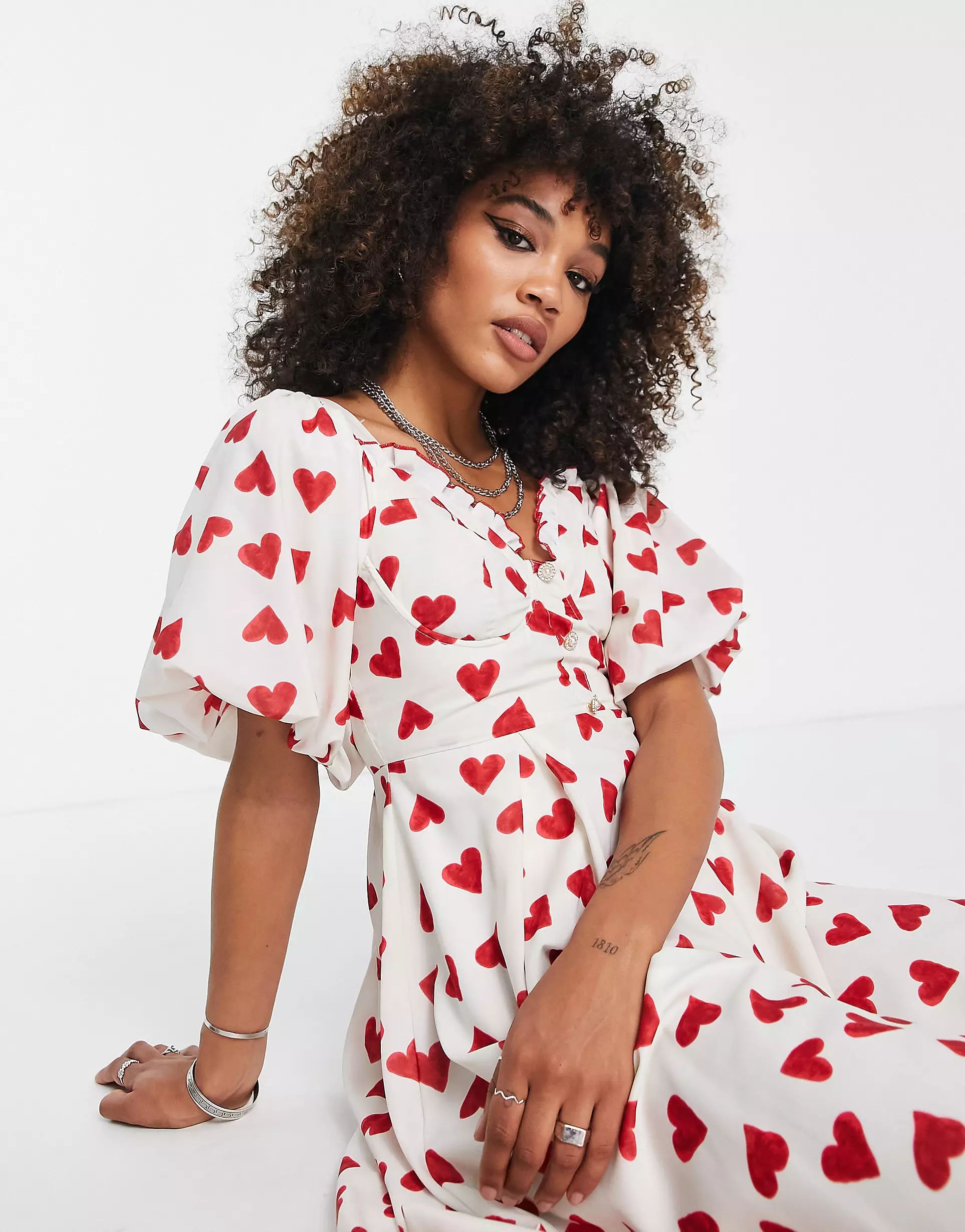 Sister Jane puff sleeve maxi dress with sweetheart neckline in heart print | ASOS (Global)