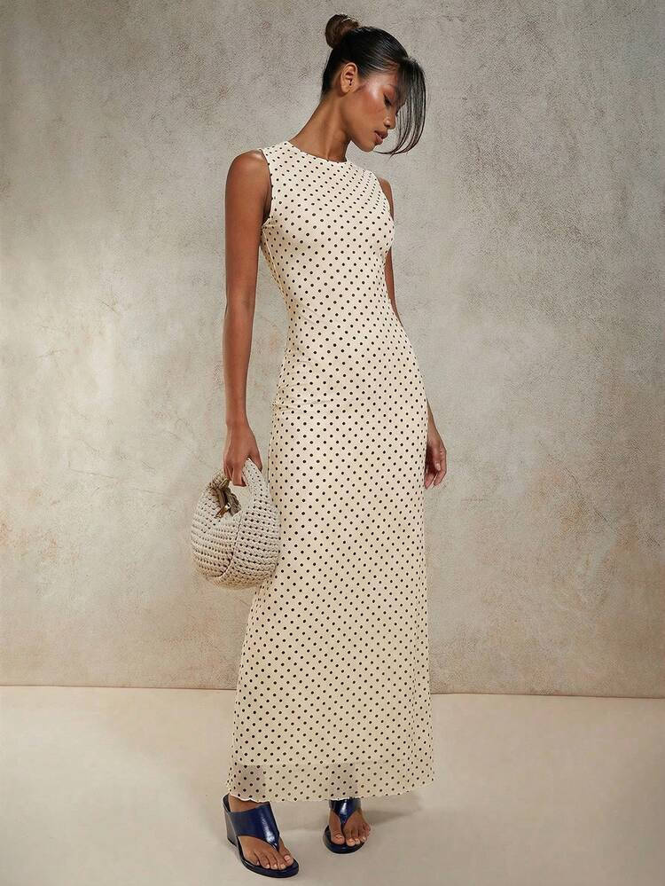 COSMINA Women's Polka Dot Print Round Neck Sleeveless Fitted Elegant Dress, Polka Dot Dress Women, Polkadot Dress, Cream Polka Dot Dress, Maxi Dress Women, Sleeveless Maxi Dress | SHEIN