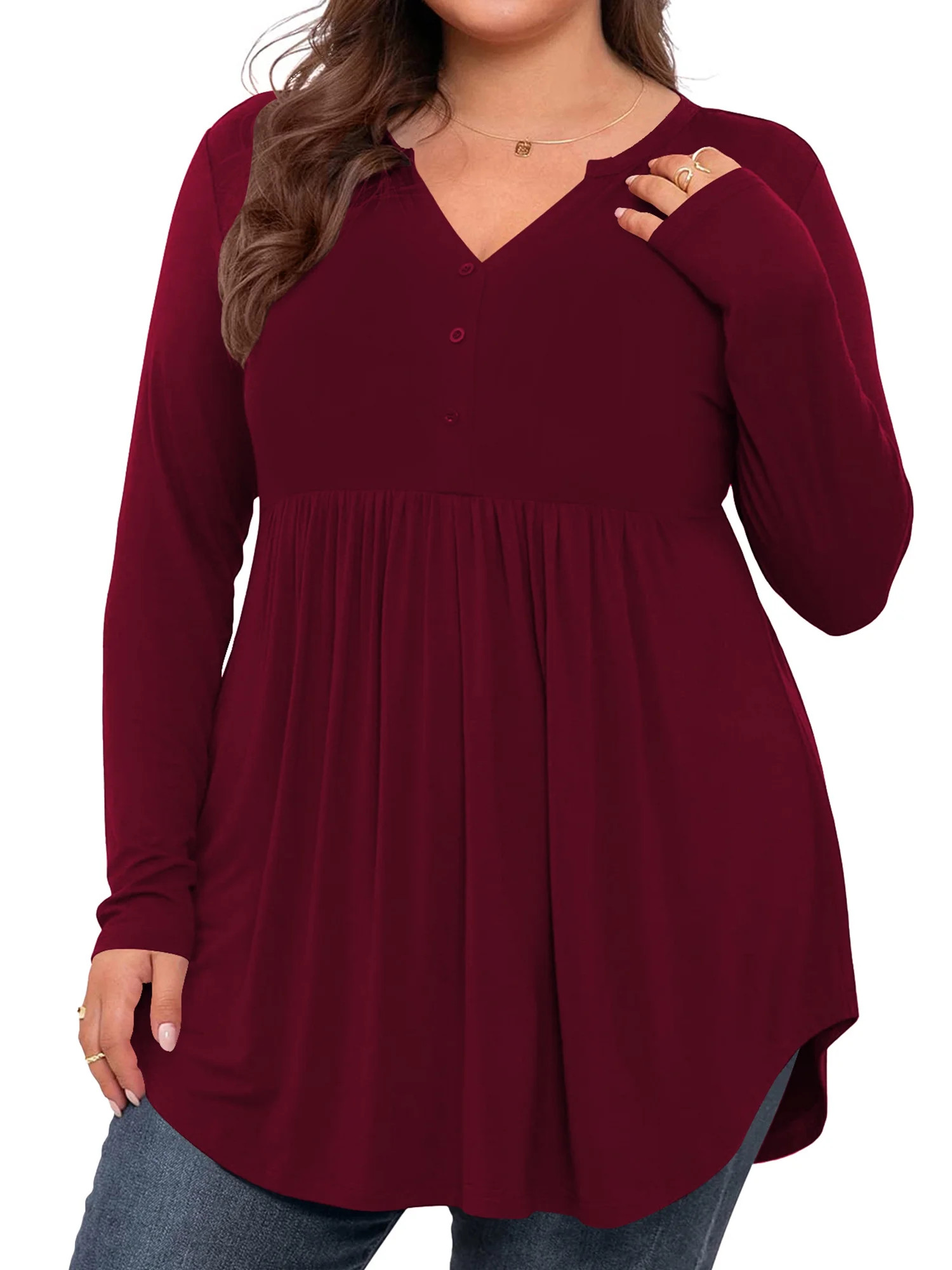 LANREMON Women's Plus Size Henley Shirts V Neck Button Tunic Tops Casual Long Sleeve Swing Flowy ... | Walmart (US)