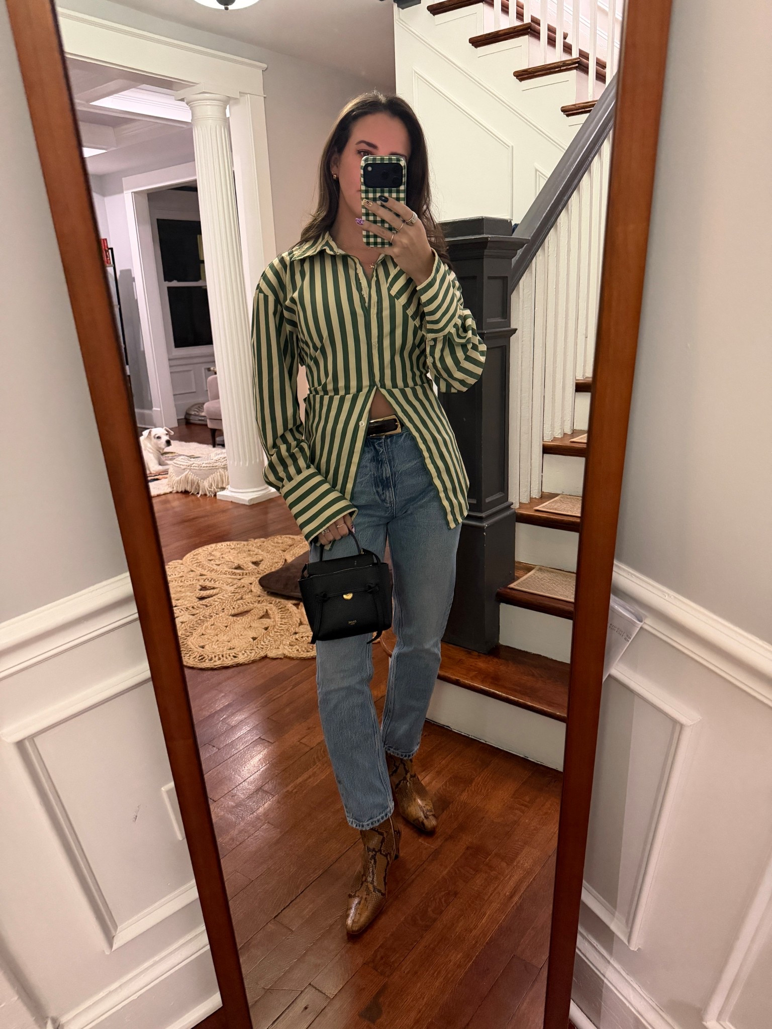 Spring casual date night looks ft a @simonmiller button down, @Madewell belt, Zara jeans, and @staud via @Shopbop boots. 

Snakeskin boots. Staud boots. Green top. Green button down. Simon miller button down. 

#LTKSeasonal #LTKootd #LTKspringtrends