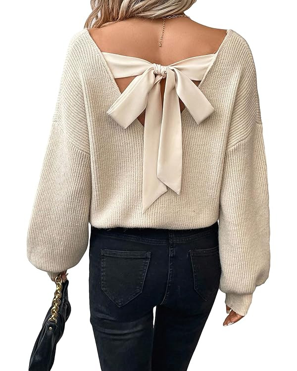 GORGLITTER Women's Bow Cable Knit Sweater Long Sleeve Backless V Neck Fall Chunky Pullover | Amazon (US)