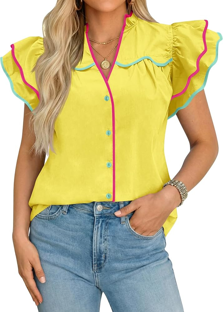 Tankaneo Womens Ruffle Short Sleeve Blouse V Neck Button Down Shirts Color Block Trendy Casual To... | Amazon (US)