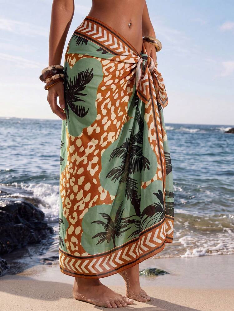 Swim Oasis Women's Sage Green Coconut Tree Print Mesh Beach Sarong,Boho Summer Beach Vacation Hol... | SHEIN