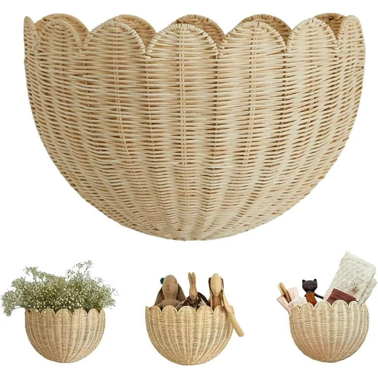 Scalloped Wall Basket,Hanging Hand Woven Wicker Wall Basket with Metal Frame & Hook, Scalloped Ra... | Walmart (US)