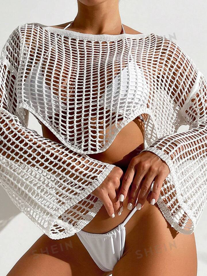 SHEIN Swim BohoFeel 1pc Asymmetric Hem Long Sleeve Crochet Cover Up Knit Top, For Summer, Beach, ... | SHEIN
