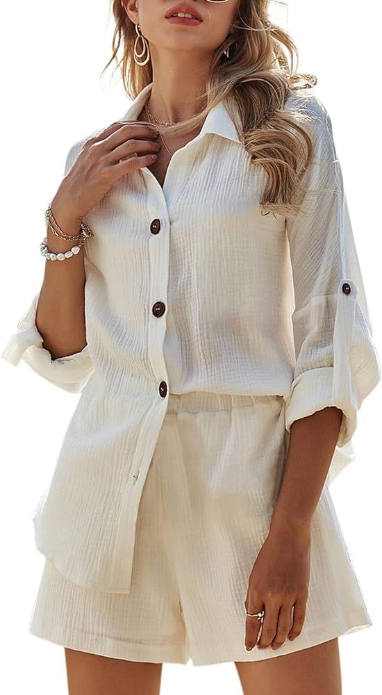Fixmatti Women 2 Piece Outfit Linen Short Set V Neck Short Sleeve Top and Shorts Sweatsuit | Amazon (US)