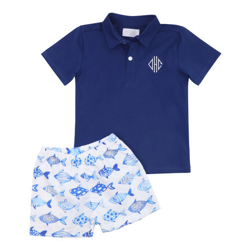 Navy And Blue Fish Print Polo Short Set  - Shipping Mid May | Cecil and Lou