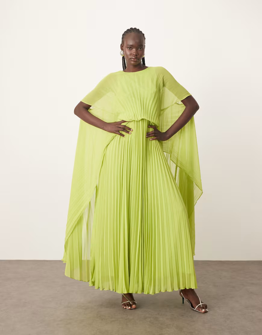 ARRANGE chiffon pleat volume maxi dress with wide sleeve in green | ASOS (Global)
