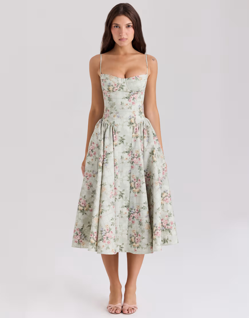 House of CB Samaria corset midi dress in sage floral-Green | ASOS (Global)