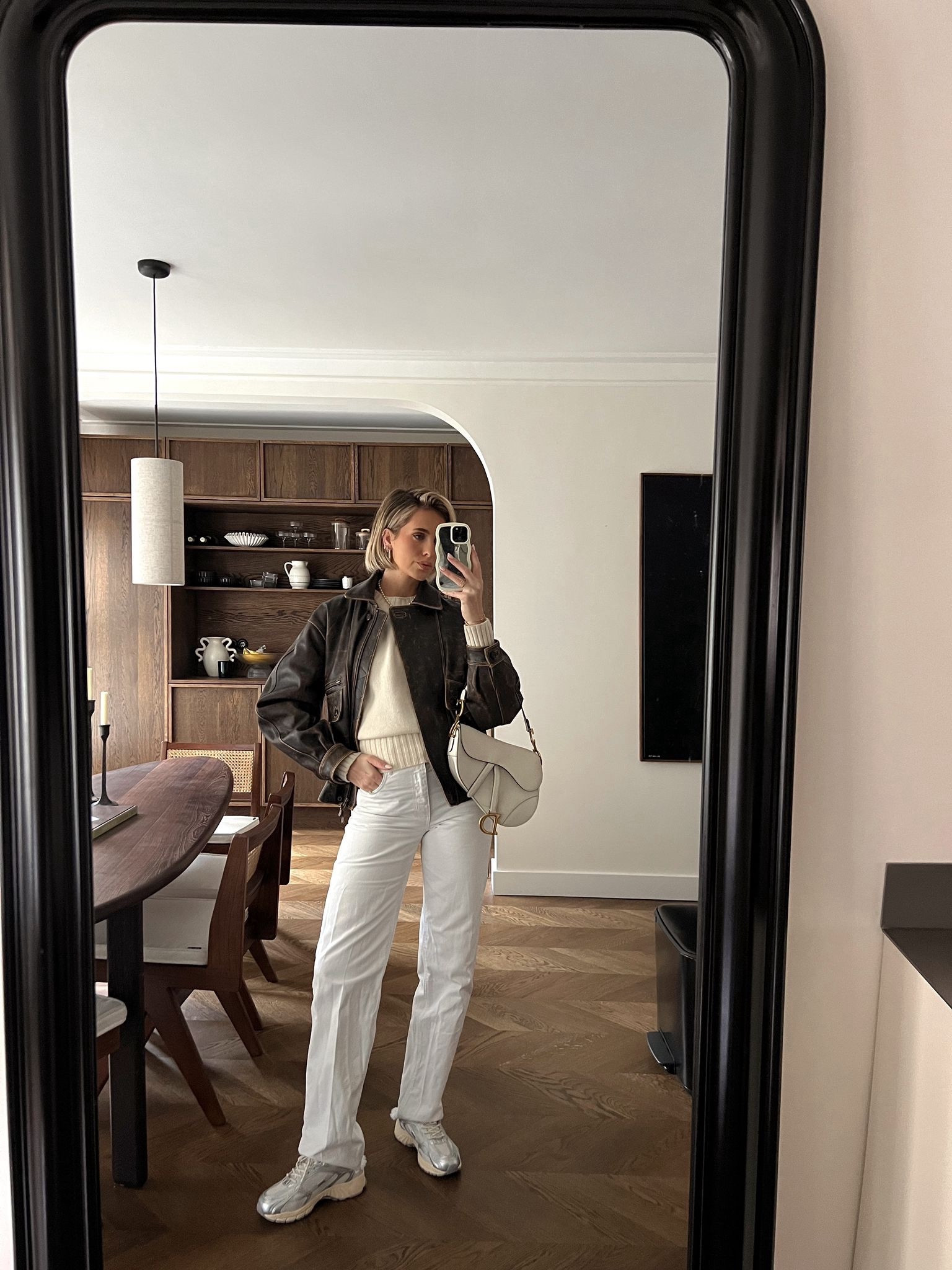 Outfit of the day, fall outfit, leather jacket, Mango, white jeans, Mercer Amsterdam sneakers, Dior sadle bag, Vestiaire collective, COS, Arket, white jumper, Nederland.

#LTKeurope #LTKSeasonal #LTKstyletip