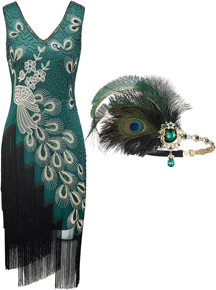 YESSA 1920s Peacock Dresses for Women,Flapper Gatsby Dress with Headband | Amazon (US)