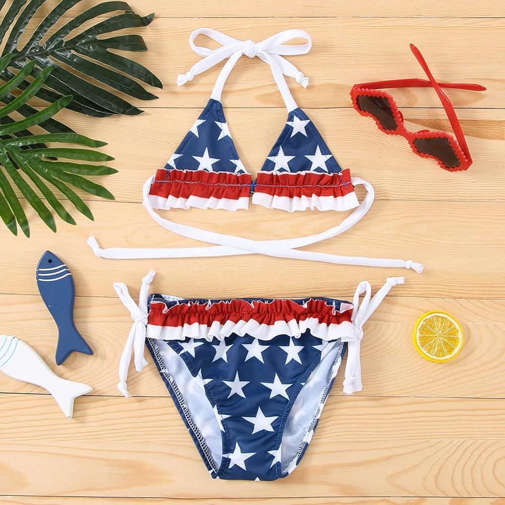 4th of July Outfit Baby Girls 2Pcs Bikini Swimsuits Straps Halter Bra Tops Ruffle Bottoms Swimwear B | Amazon (US)