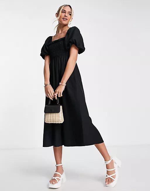 New Look square neck shirred long sleeve midi dress in black | ASOS (Global)