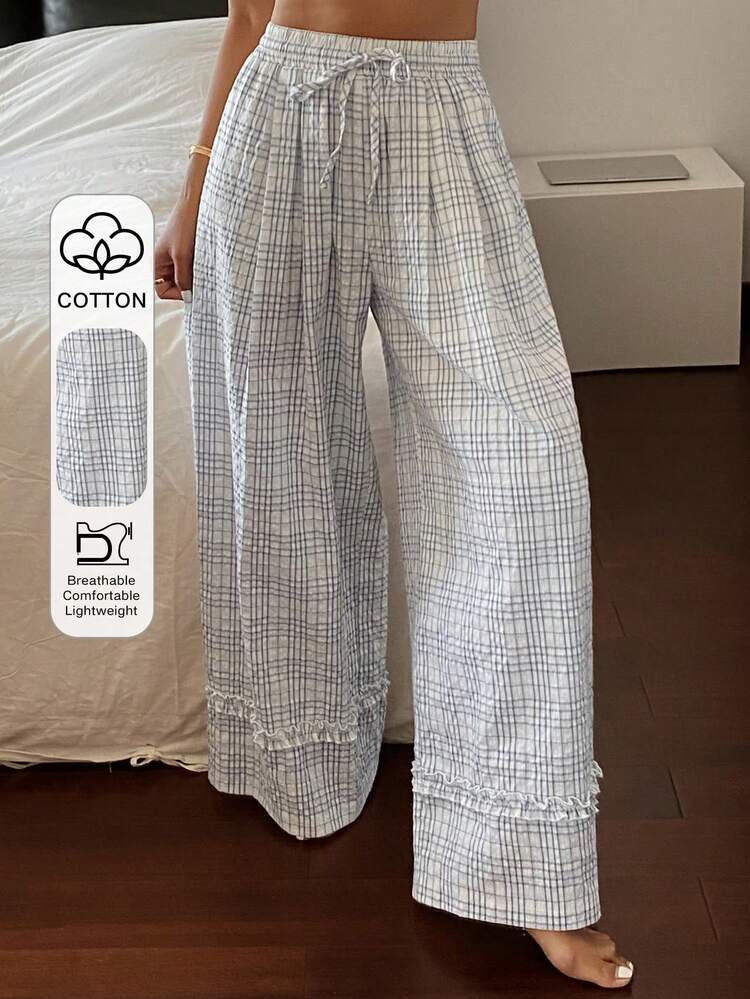 DAZY Loose Plaid Pattern Long Pajama Pants With Frill Trim, For Women, Spring & Summer | SHEIN