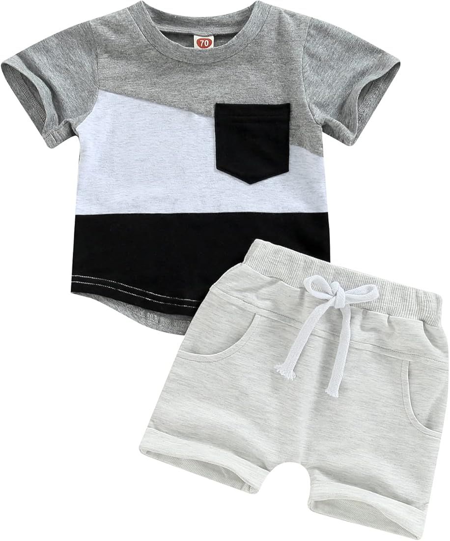 Hoanselay Toddler Infant Baby Boy Summer Shorts Set Color Block Short Sleeve T-Shirt Top and Casu... | Amazon (US)