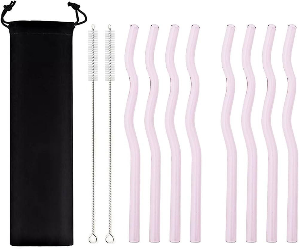 JASHII Pink Wavy Glass Straws 8pcs 7.87" x 0.31" Reusable Glass Drinking Straws with Black Pouch,... | Amazon (US)