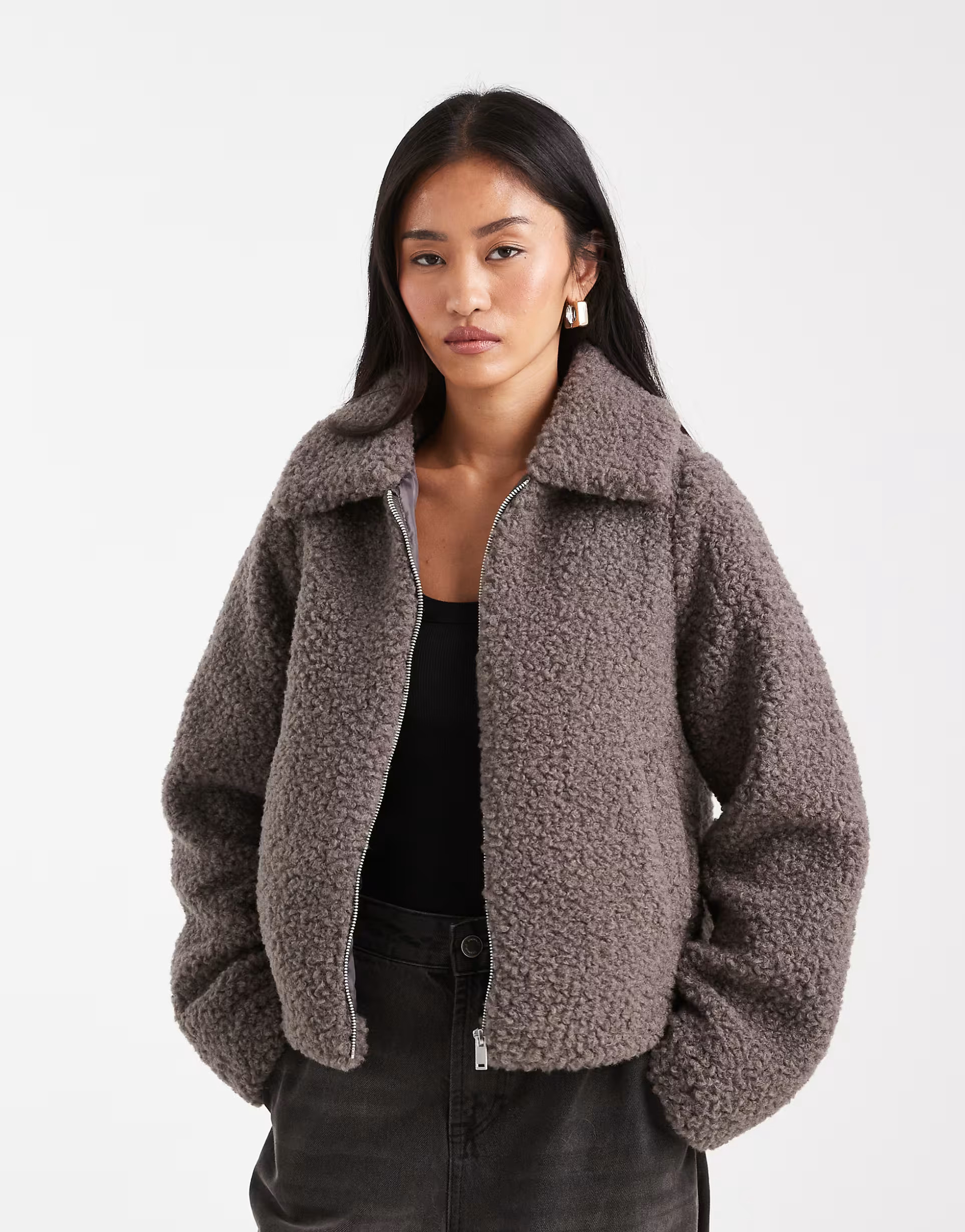 Threadbare short borg jacket in grey | ASOS (Global)