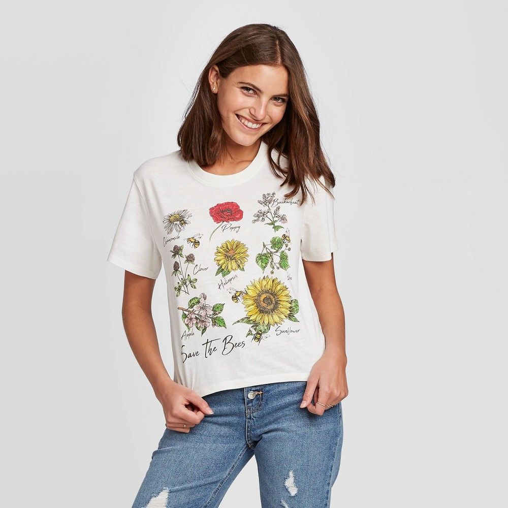 Women's Floral Print Save the Bees Short Sleeve Cropped Graphic T-Shirt (Juniors') - Ivory XL, Women | Target