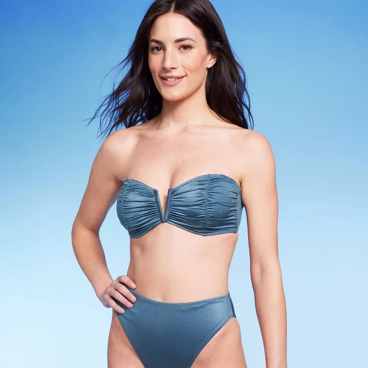 Women's V-Wire Shirred Bandeau Bikini Top - Shade & Shore™ Blue Shine | Target