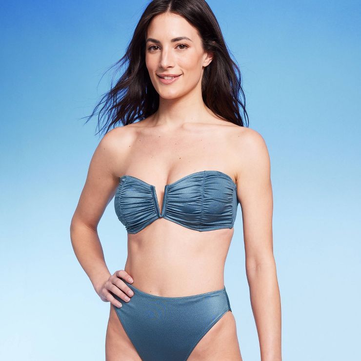 Women's Shirred Center Front V-Wire Bandeau Bikini Top - Shade & Shore™ Blue | Target