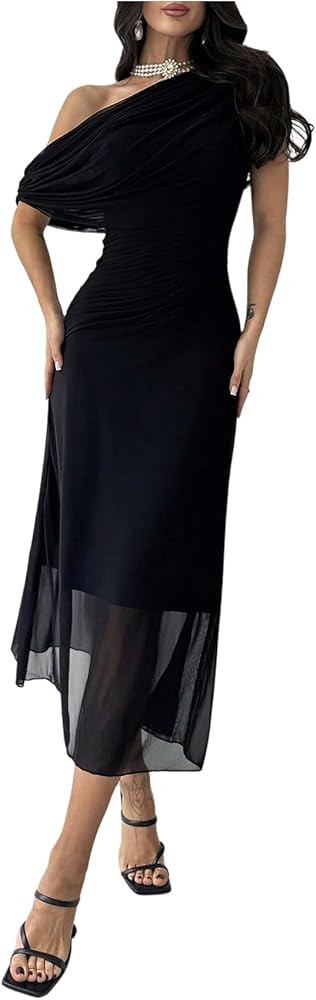 Floerns Women's Off The Shoulder Midi Dress Sleeveless Mesh Evening Party Flared Dresses | Amazon (US)