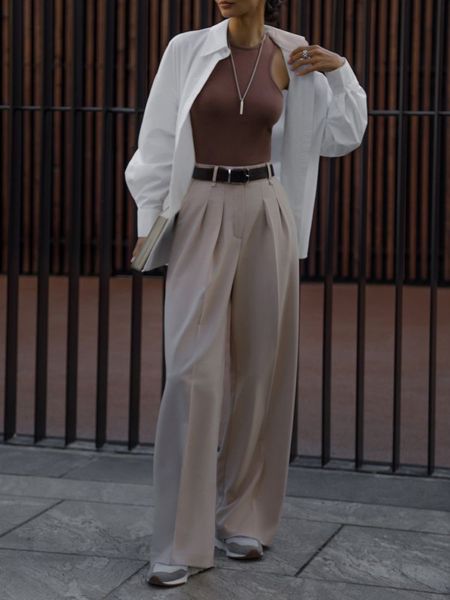 Work Outfit

High Waist Wide Leg Pants

White cotton button down collared shirt 

Fits Everybody Long Sleeve Thong Bodysuit

#LTKworkwear #LTKfit #LTKstyletip