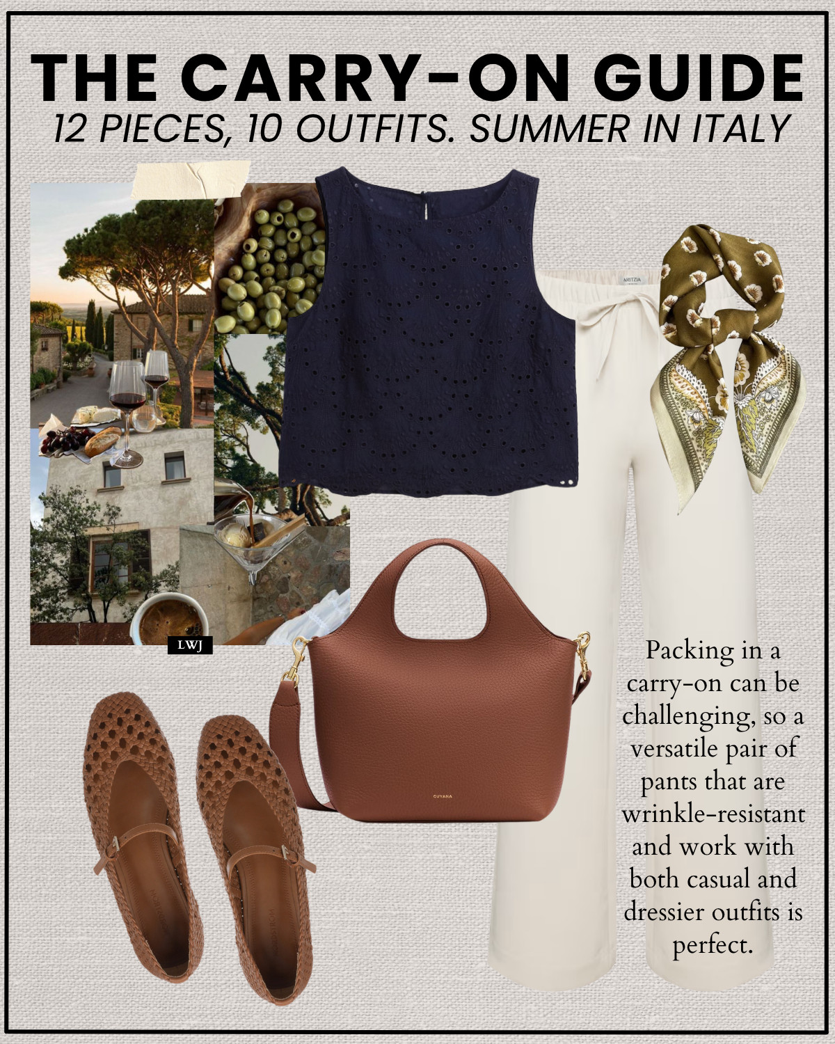 the carry-on guide for summer in italy 

12 pieces, 10 outfits

summer style /minimal style / elevated style / aritzia linen lodge pants / poplin eyelt top / woven ballet flats / cuyana mini tote / navy skirt

#LTKTravel