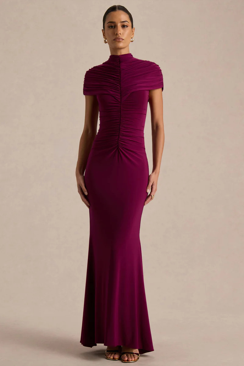 Azaria  Burgundy High-Neck Maxi Dress With Ruched Detailing | Club L London