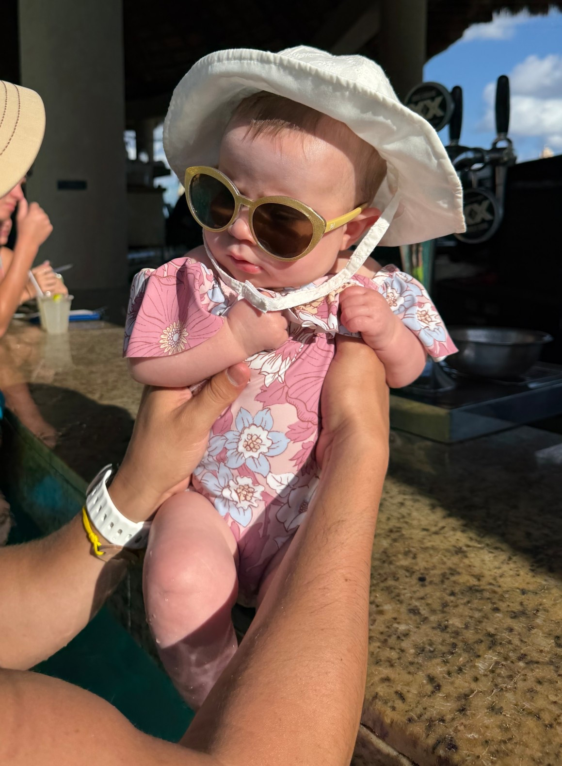 Cutest summer swimsuit vibe. 

6 month old floral one piece 
6 month old gold sparkly glasses 
White dune hat was a little big but it worked to keep her head covered from the sun  

#LTKSeasonal #LTKBaby #LTKTravel