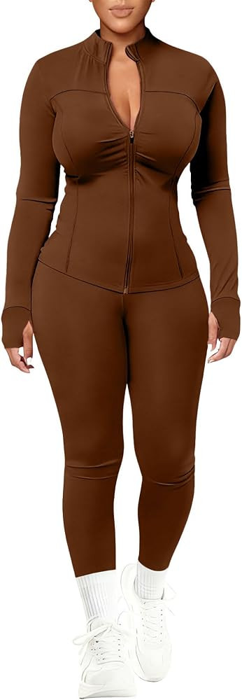 Womens Workout Set Two Piece Outfits Bodycon Long Sleeve Zipper Jacket & Leggings for Gym Tracksu... | Amazon (US)