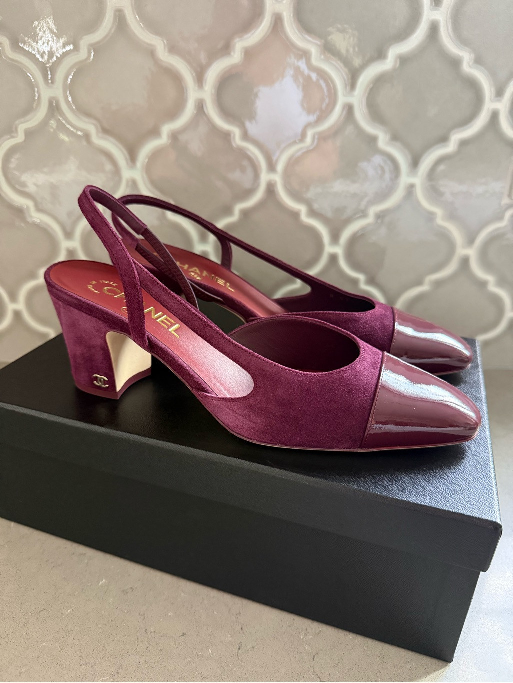 Bnwt Chanel 26a Burgundy Suede & Patent Calfskin Slingback Size 39.5 | Poshmark