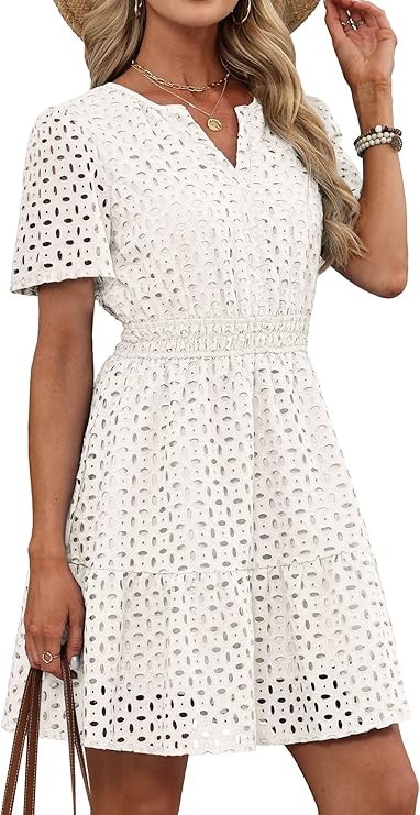 RUMIA Womens Dresses 2026 Summer V Neck Eyelet Lace A Line Short Dress | Amazon (US)