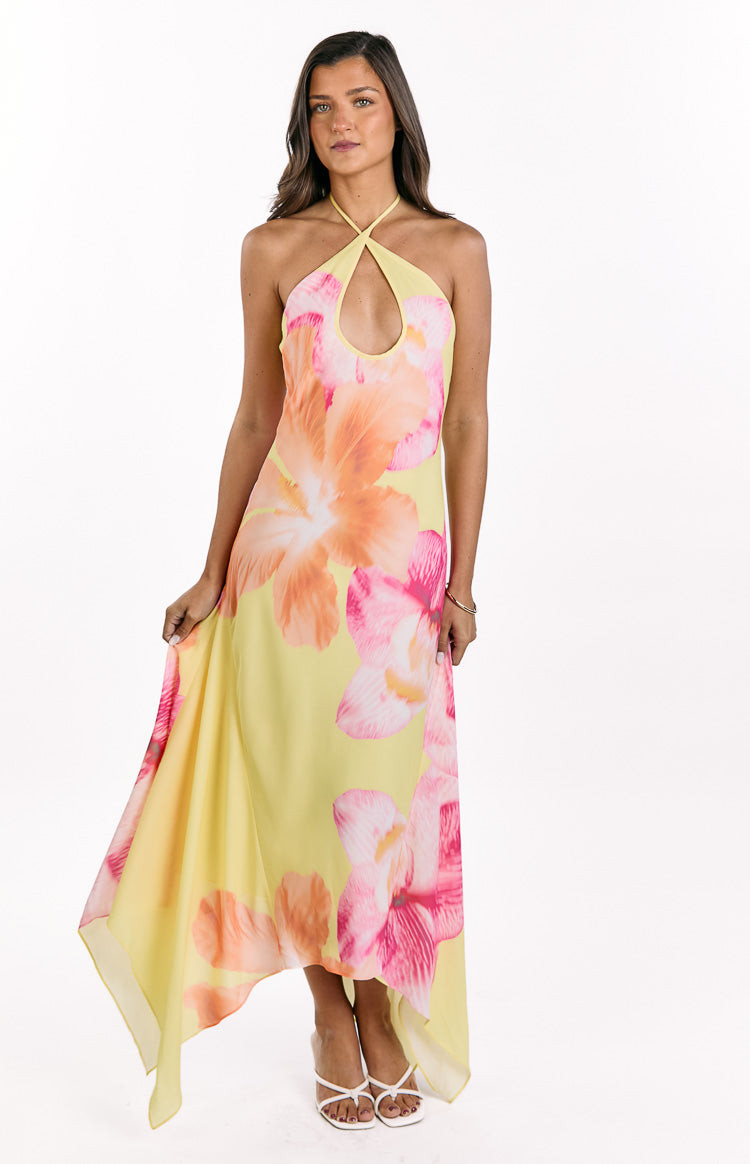 Elowen Yellow Hibiscus Floral Halter Maxi Dress | Beginning Boutique (AU)