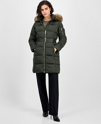 Women's Belted Hooded Faux-Fur-Trim Puffer Coat | Macy's