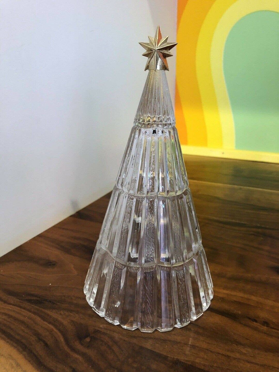 Vintage Avon Crystal Clear Ribbed Glass Tabletop Christmas Tree with Gold Star | Etsy (US)