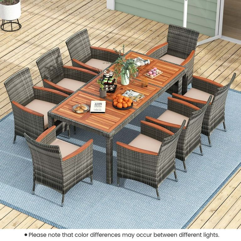 Costway 9PCS Patio Rattan Dining Set Acacia Wood Table Cushioned Chair Mix Gray | Walmart (US)