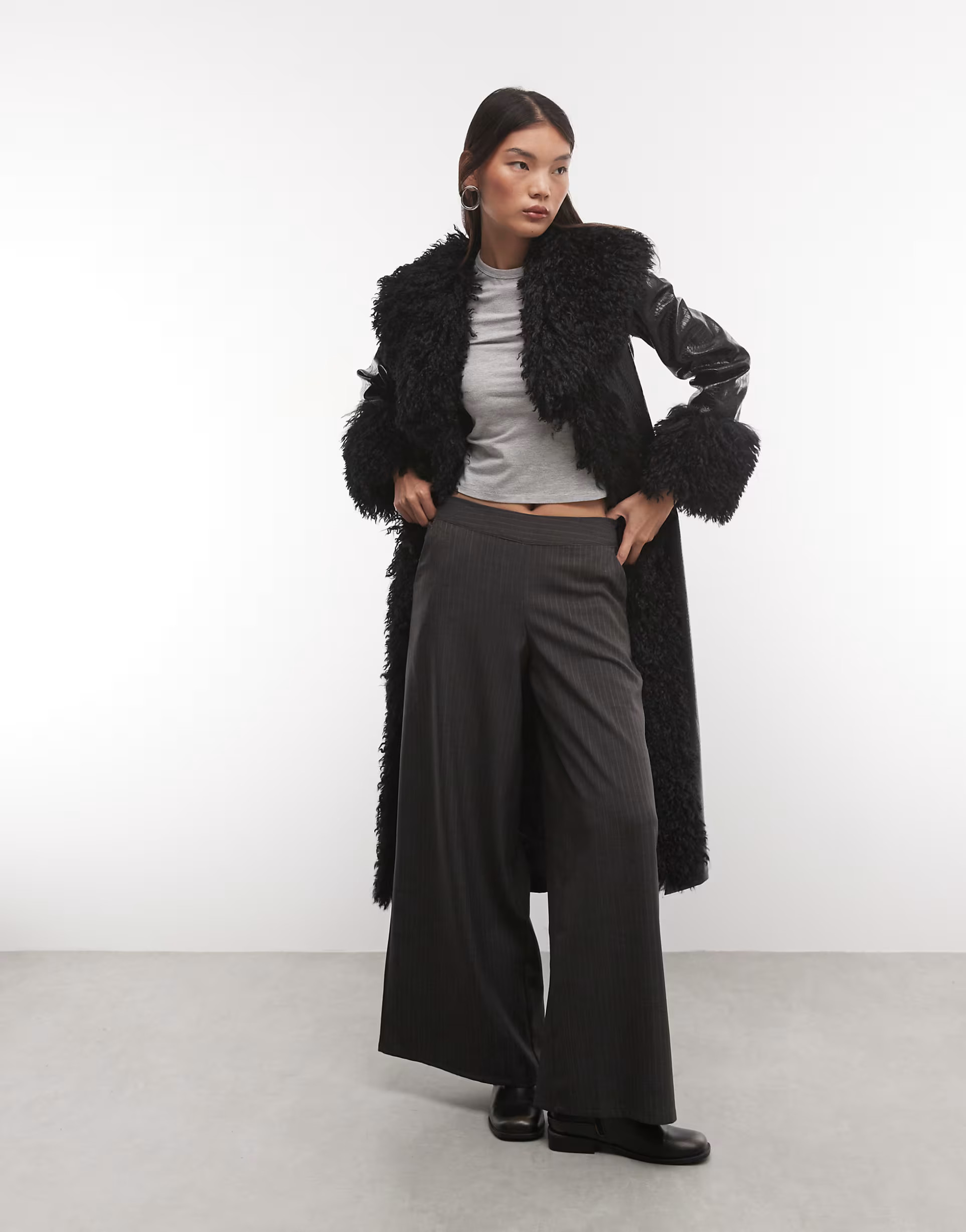 Reclaimed Vintage faux croc look trench coat with faux fur collar in and cuffs in black | ASOS (Global)