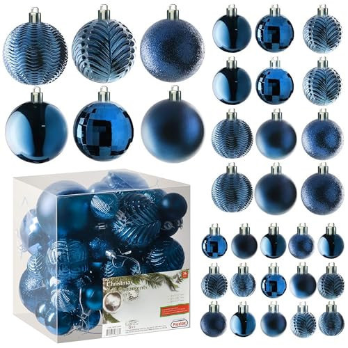PREXTEX 36 Piece Blue Christmas Ornaments Set with Hanging Loops - Durable, Shatterproof Christmas Balls in 3 Sizes and 6 Styles - Midnight Blue Xmas Decorations for Trees, Wreaths, and Holiday Decor | Amazon (US)