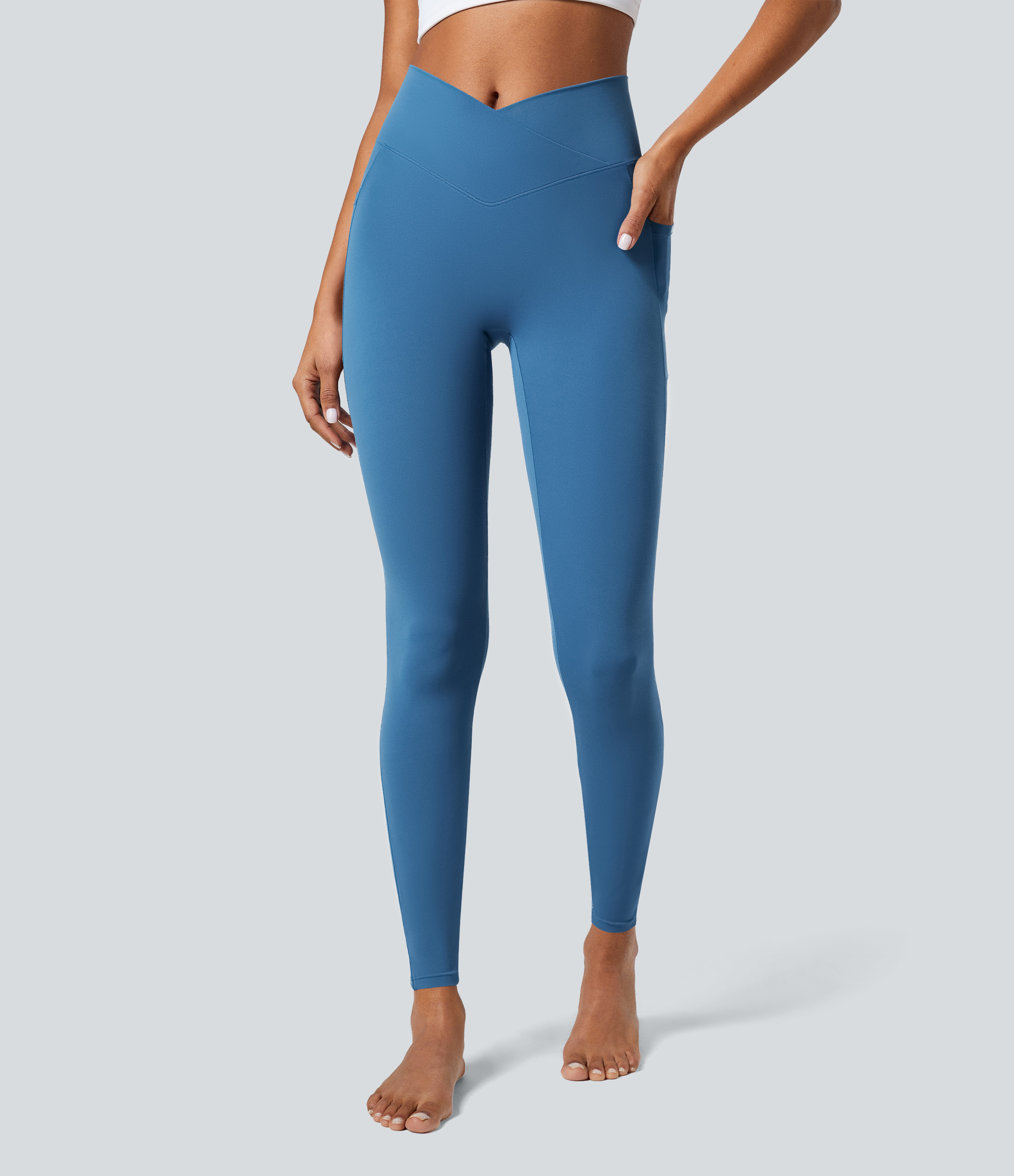Halara SoftlyZero™ Crossover Pocket Plain Leggings-UPF50+ - Gloomy Blue - XS(7/8) gym leggings leggings with pockets leggings with butt lift | HALARA