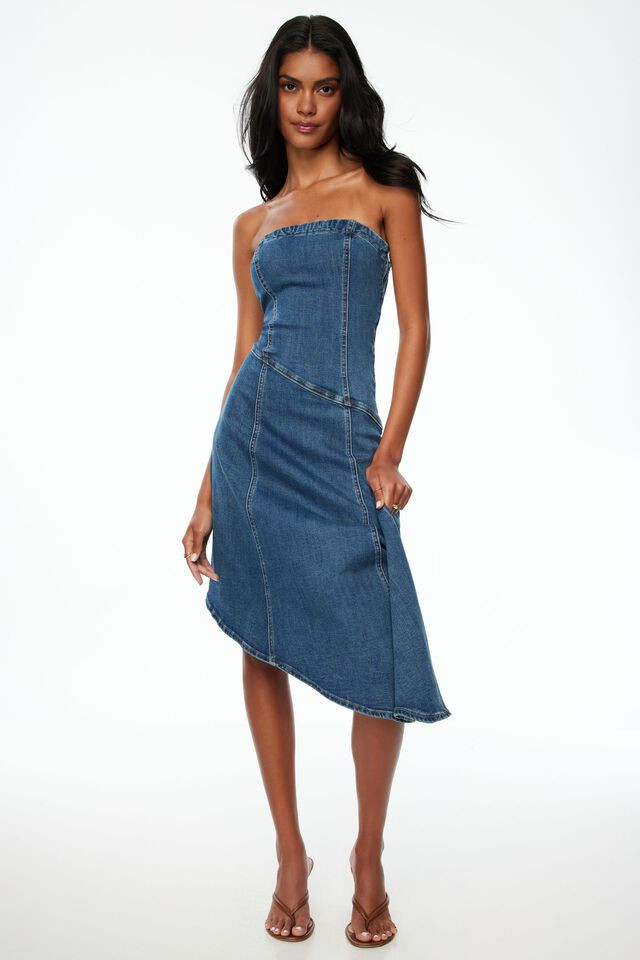 Flare Tube Denim Midi Dress | Dynamite Clothing