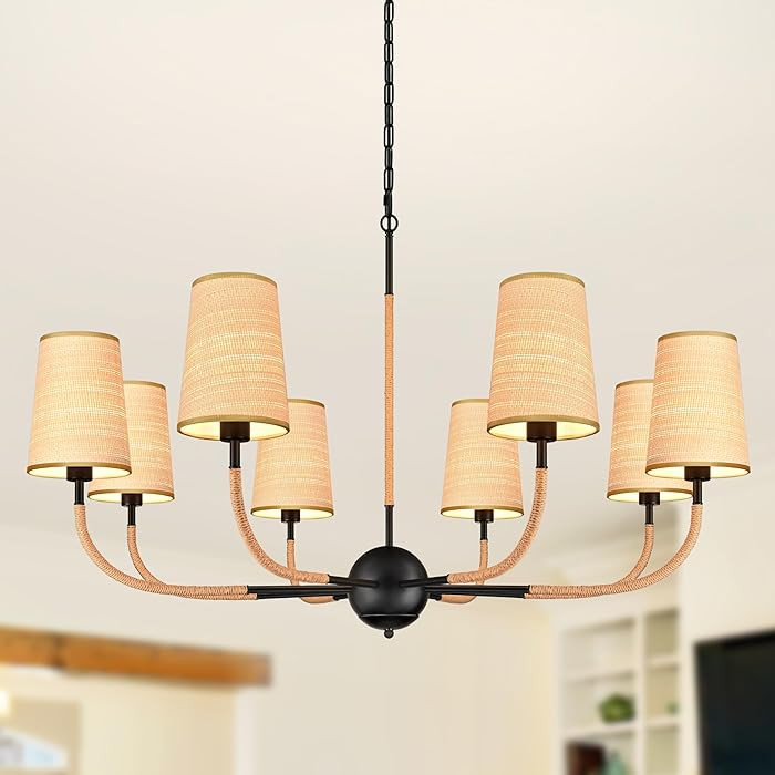39" Black Boho Rattan Chandelier for Living Room 8-Light Large Coastal Boho Pendant Light Fixture... | Amazon (US)