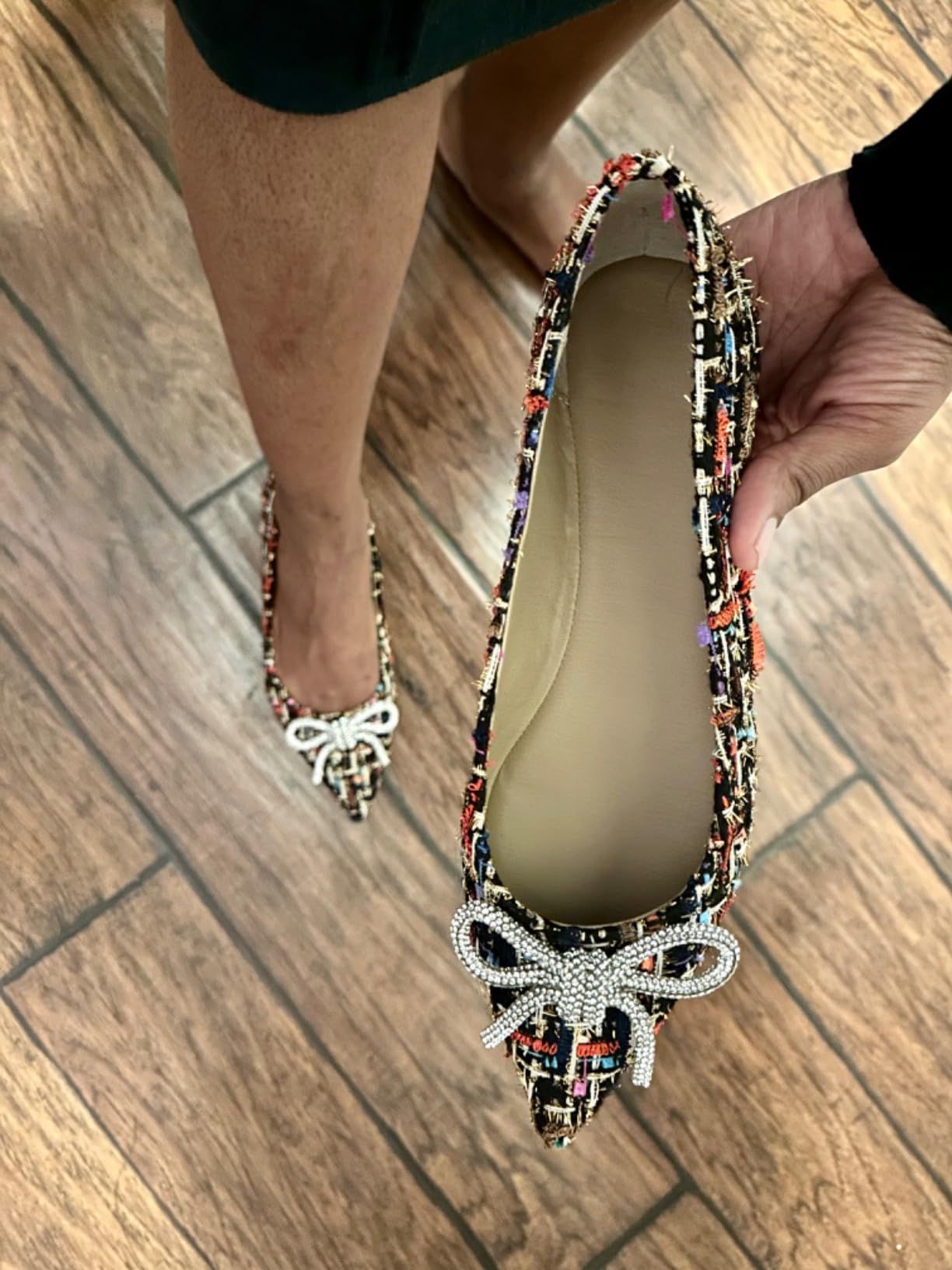 Goiphrri Women's Rhinestone Bowknot Flats Comfort Pointed Toe Ballet Slip on Flat Shoes Low Heel ... | Amazon (US)