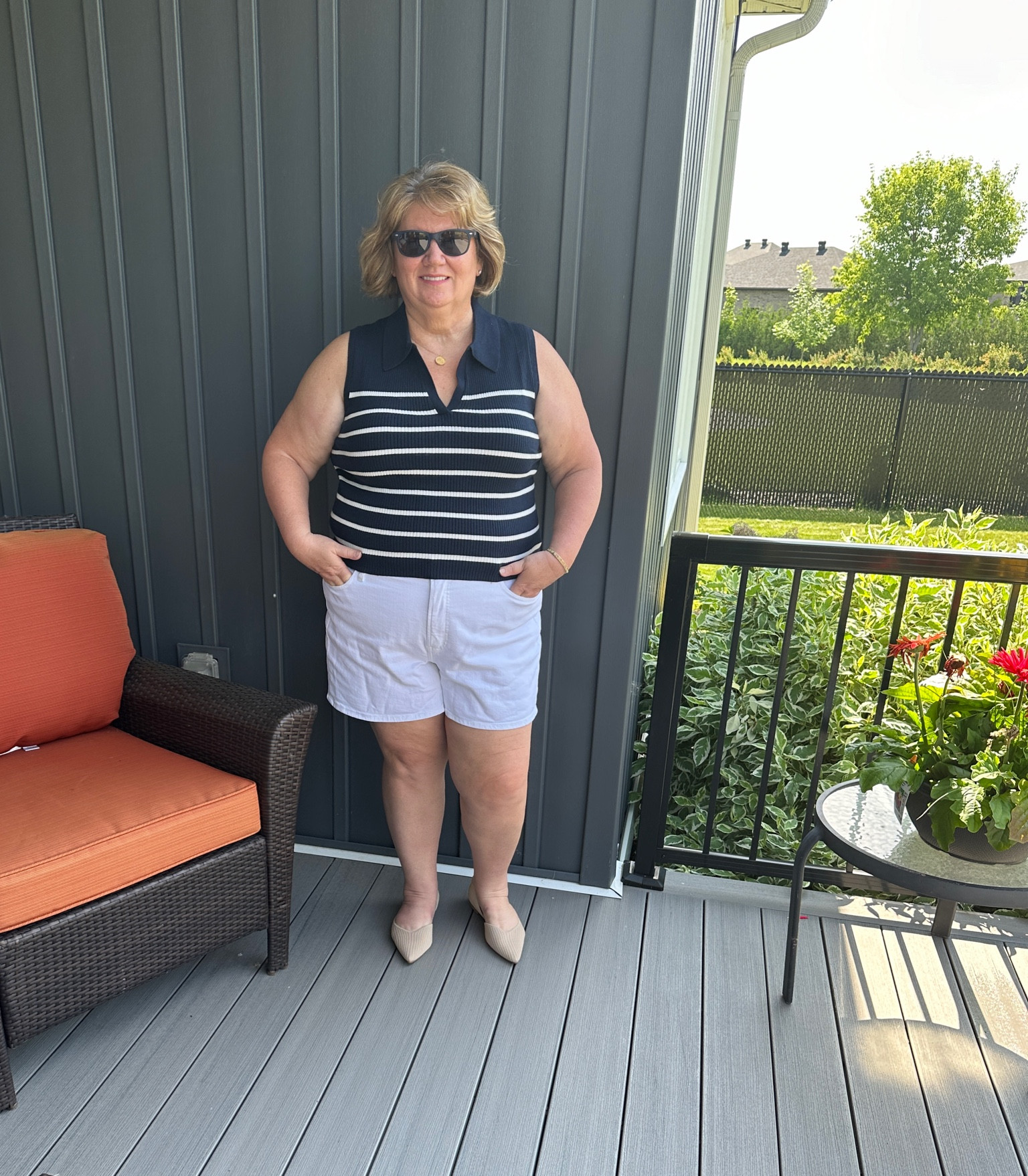 Old Navy white denim shorts, size 20…size up. Tank size XXL
VIVAIA Melia flats, code CATHY12 saves you 12%

#LTKActive #LTKPlusSize #LTKFindsUnder50
