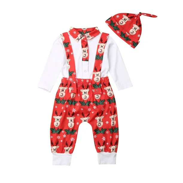 Newborn Baby Boys First Christmas Outfits Long Sleeve Reindeer Tops T-Shirt + Straps Pants Overal... | Walmart (US)