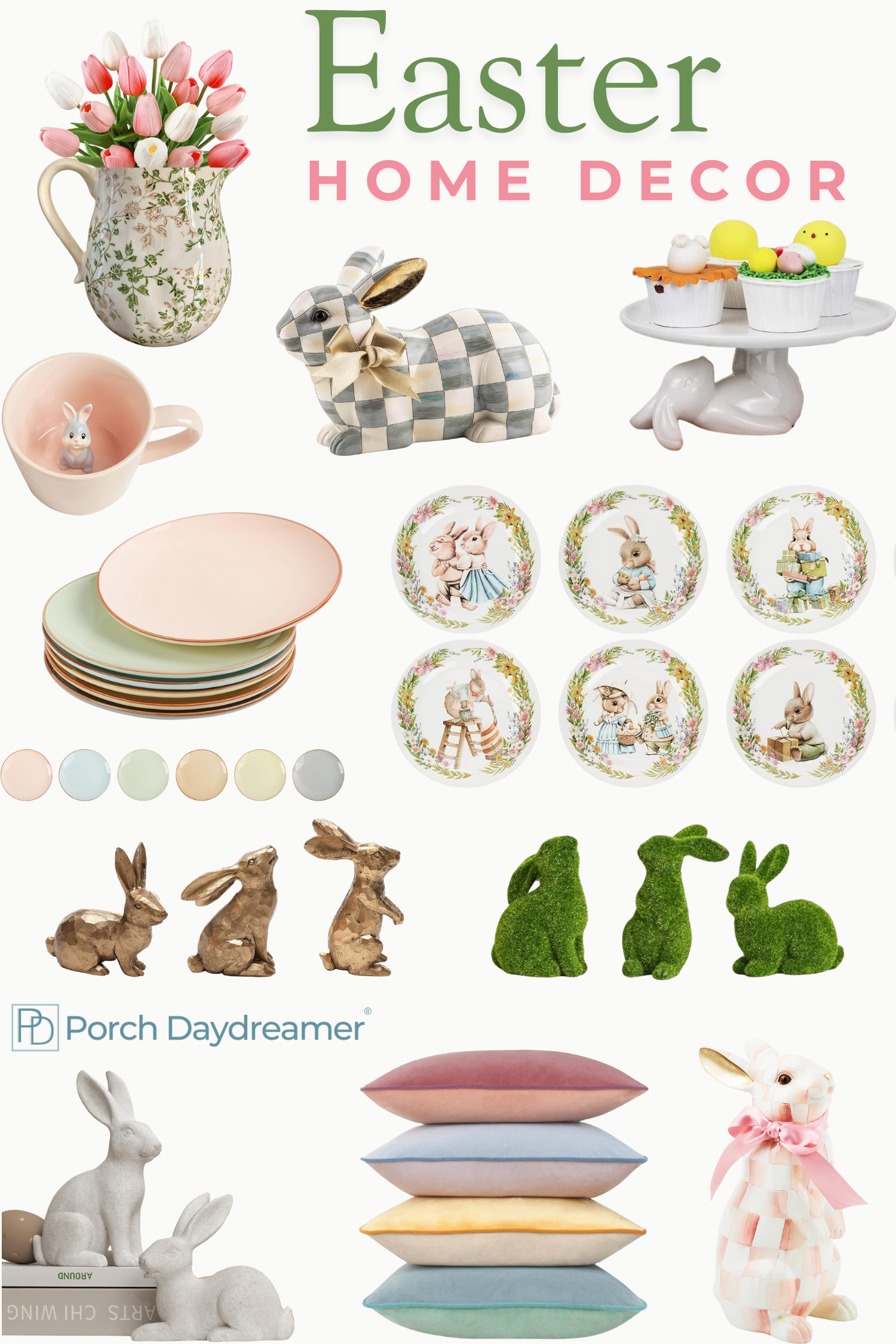Grandmillenial Easter Home Decor. Traditional Easter Decor. MACKENZIE-CHILDS bunny figurine, pastel tableware. 

 #LTKSeasonal #LTKHome #LTKFindsUnder50